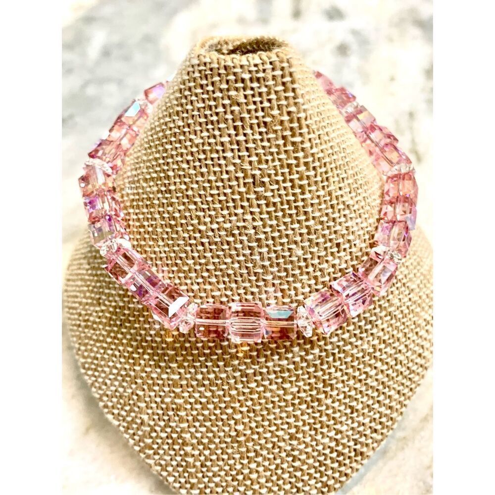 Pink Cube Crystal Aurora Borealis Stunning Handmade Bracelet #vintage #valentine